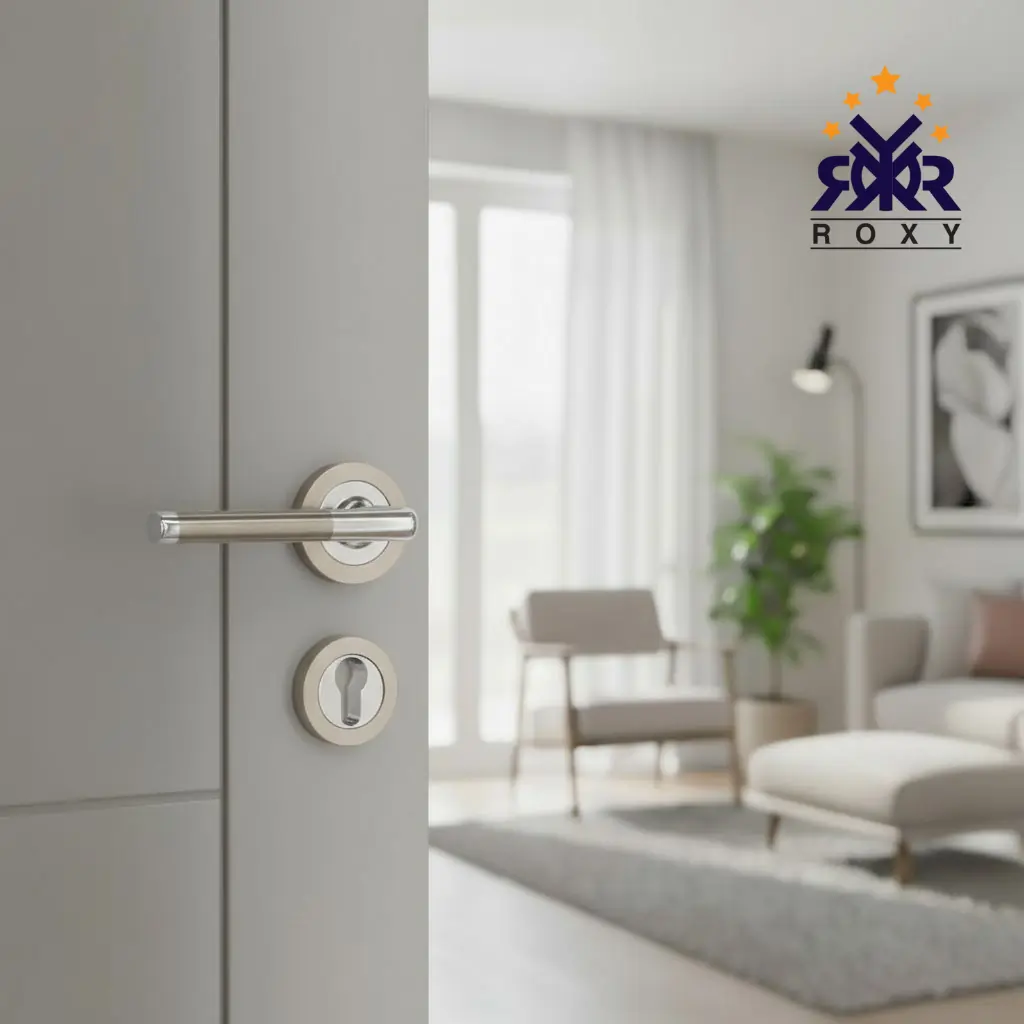 مقبض باب بلون فضي بتصميم معدني مزدوج وجودة عالية بسعر منافس