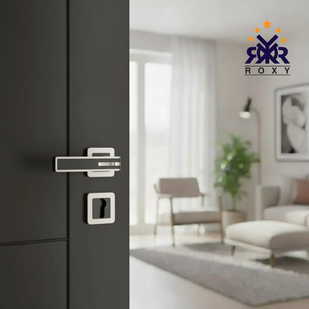 مقبض باب ROXY الفاخرة – تصميم عصري باللون الأسود والإطار المعدني الفضي اللامع