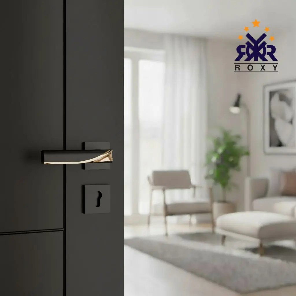 مقبض باب بلون الأسود وذهبي بتصميم فاخر منحني وجودة عالية