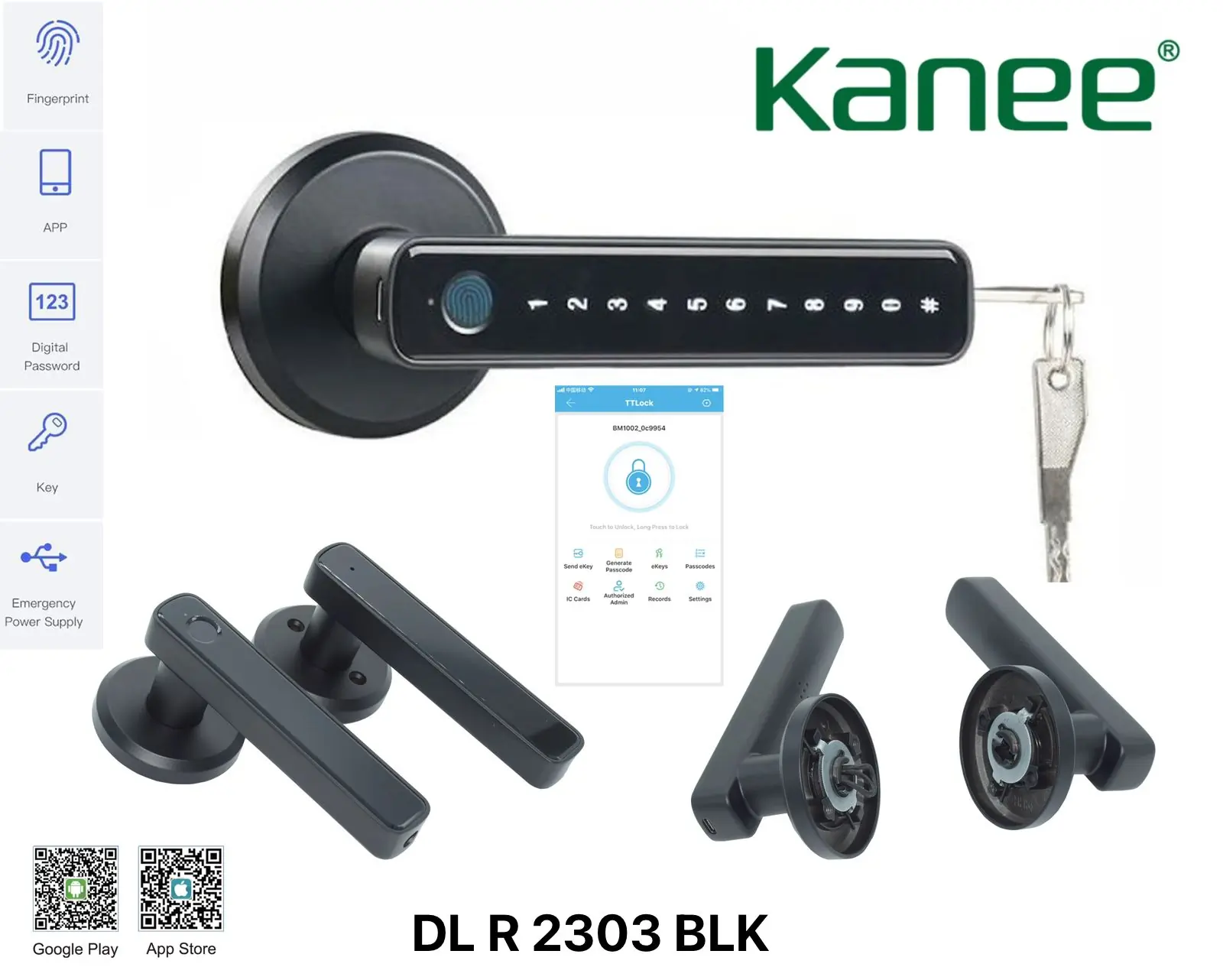 مسكة باب ذكية KANEE DL R 2303 BLK – أمان متقدم وتصميم عصري