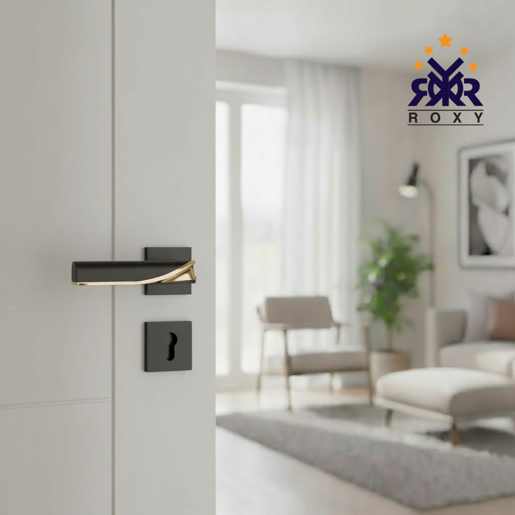 مقبض باب أسود وذهبي بتصميم فاخر منحني