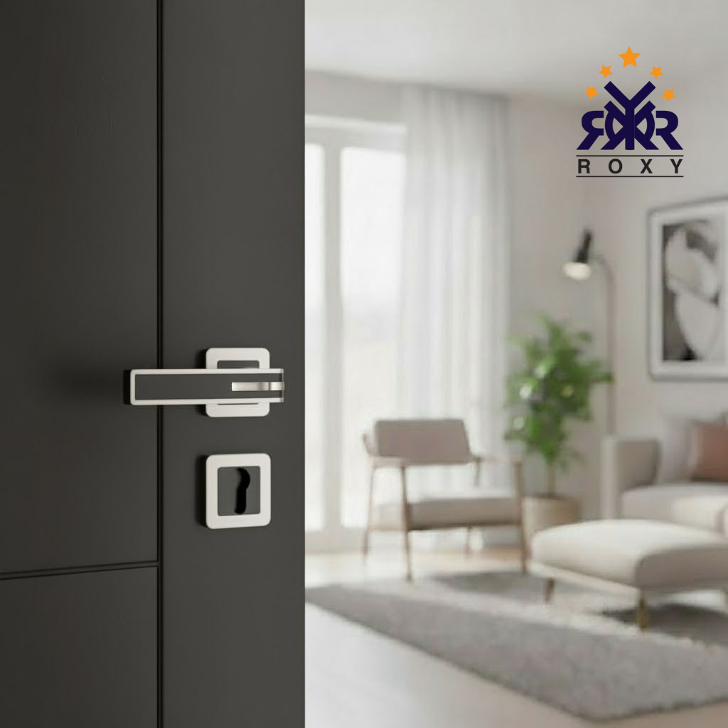 مقبض باب ROXY الفاخرة – تصميم عصري باللون الأسود والإطار المعدني الفضي اللامع