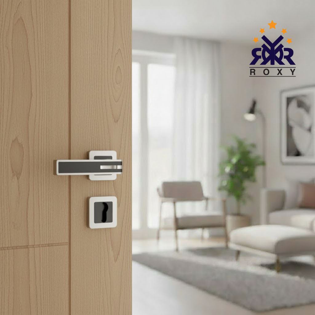 مقبض باب ROXY الفاخرة – تصميم عصري باللون الأسود والإطار المعدني الفضي اللامع