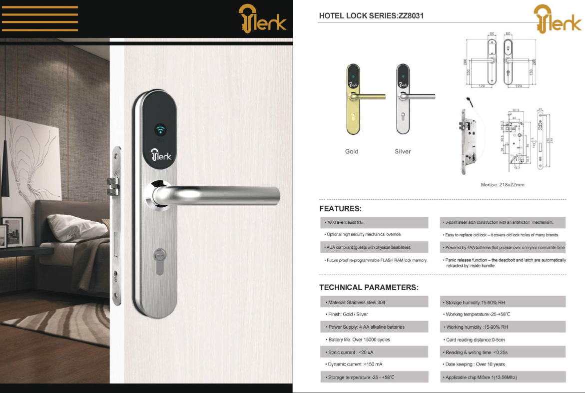 قفل فندقي ذكي Jlerk ZZ8031 – أعلى مستوى من الأمان وإدارة الدخول